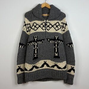 Vintage Handmade Sweater Mens Medium Gray Black Wool Cowichan Quarter Zip Collar